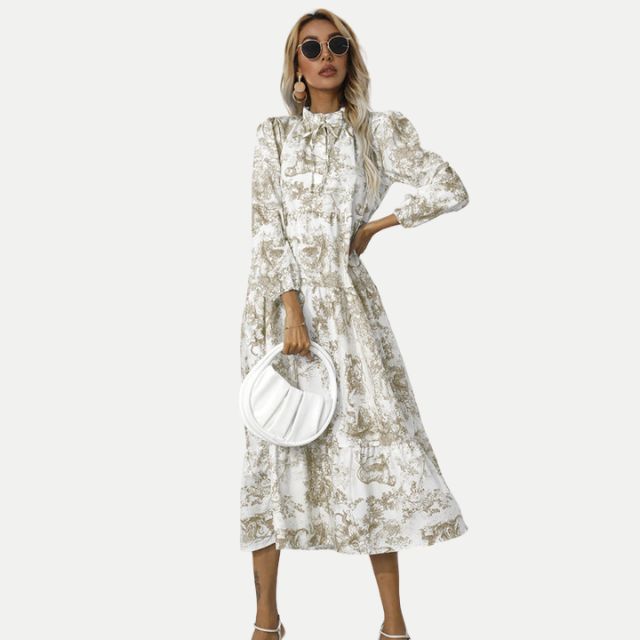Drune | Toile-Druck Midi-Kleid mit hohem Kragen