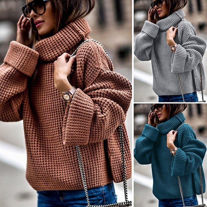 Damen Grobstrickpullover mit hochschließendem Kragen und voluminösen Ärmeln Drune