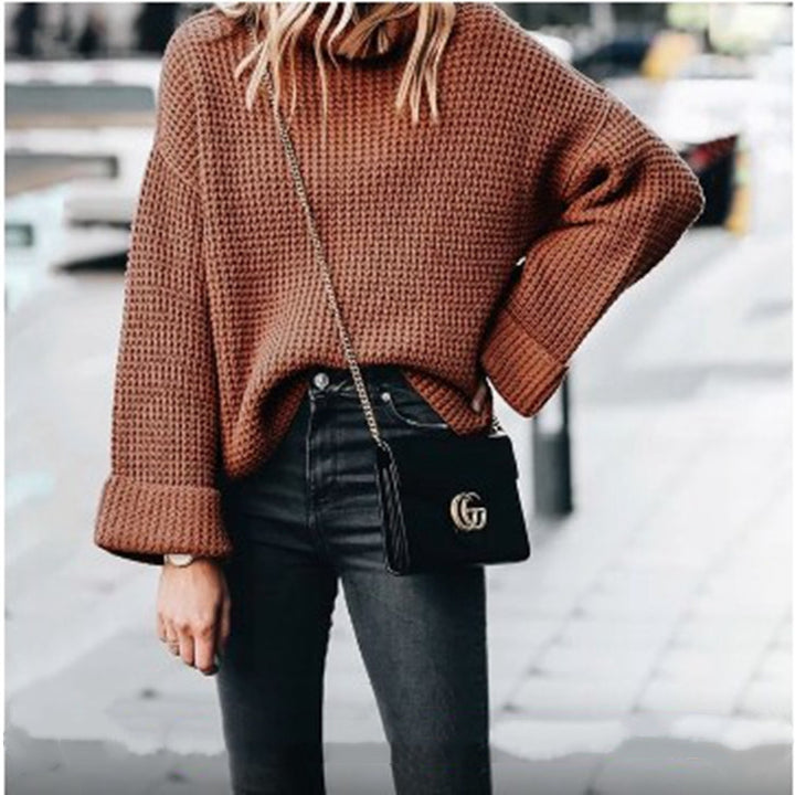 Damen Grobstrickpullover mit hochschließendem Kragen und voluminösen Ärmeln Drune