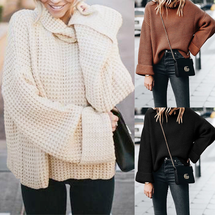 Damen Grobstrickpullover mit weit geschnittenen Ärmeln und hohem Kragen Drune