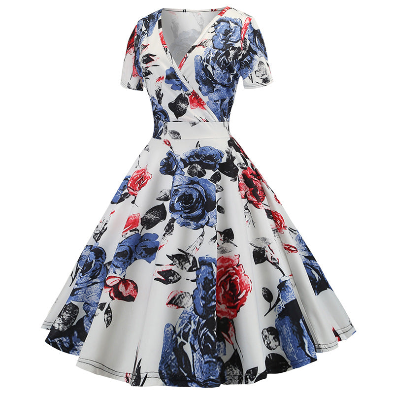 Damen Swing-Kleid mit floralem Design und tiefem V-Ausschnitt Drune