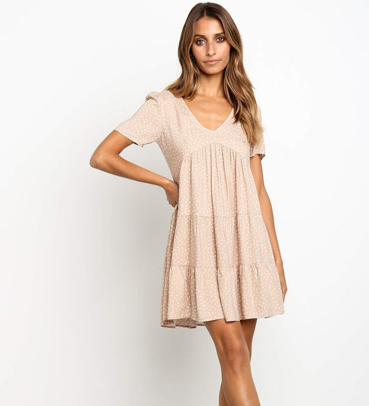 Damen verspieltes Kurzarm-Baumwollkleid mit voluminösem Rock Drune