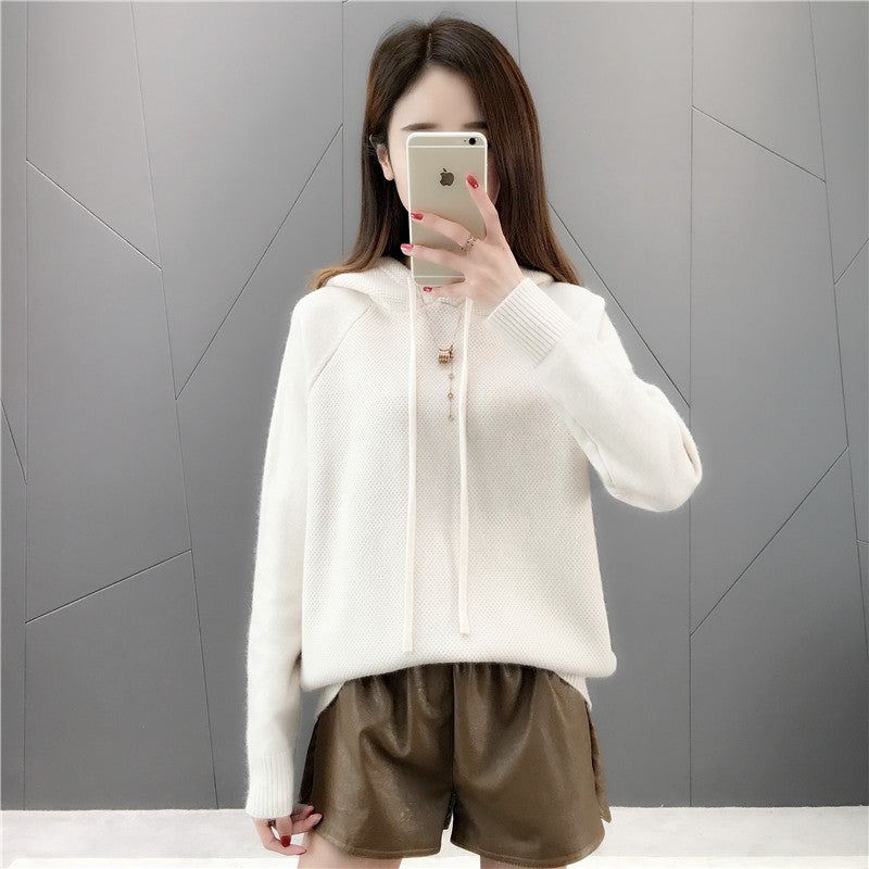 Damen lässiger Strickpullover mit Kapuze und Kordelzug Drune