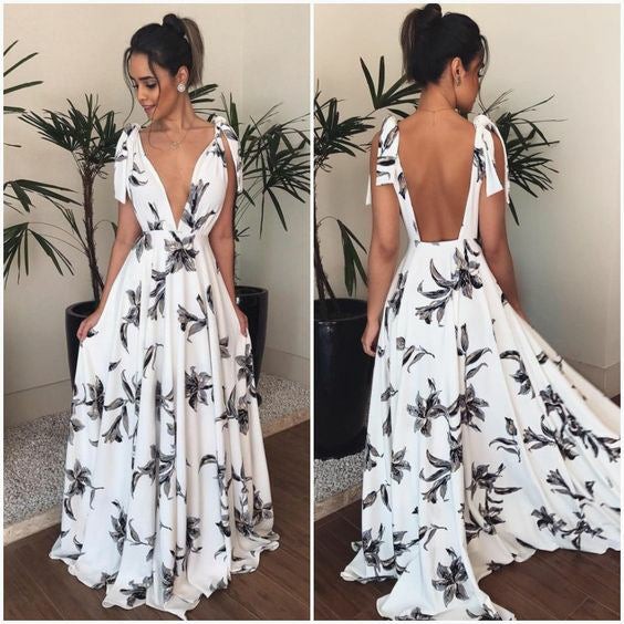 Damen Maxikleid mit tiefem V-Ausschnitt und floralen Verzierungen Drune