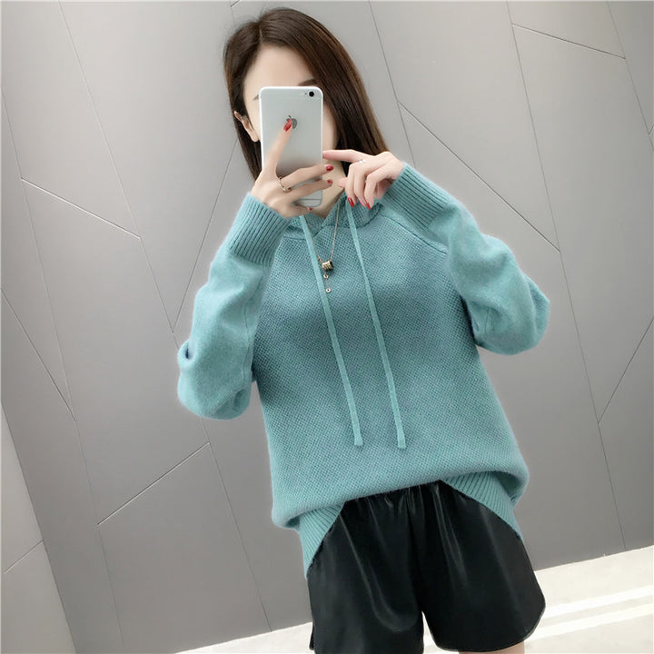 Damen lässiger Strickpullover mit Kapuze und Kordelzug Drune