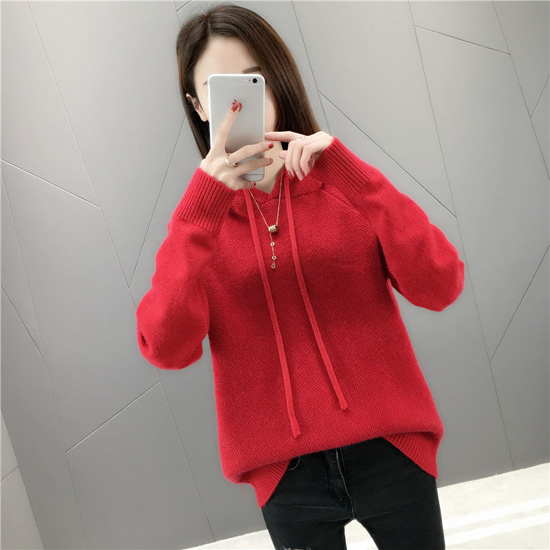 Damen lässiger Strickpullover mit Kapuze und Kordelzug Drune