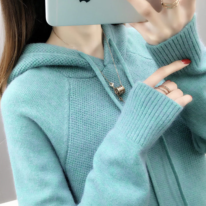 Damen lässiger Strickpullover mit Kapuze und Kordelzug Drune