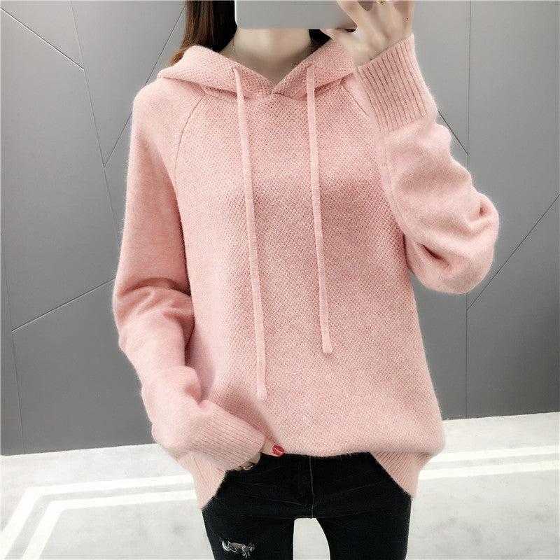 Damen lässiger Strickpullover mit Kapuze und Kordelzug Drune