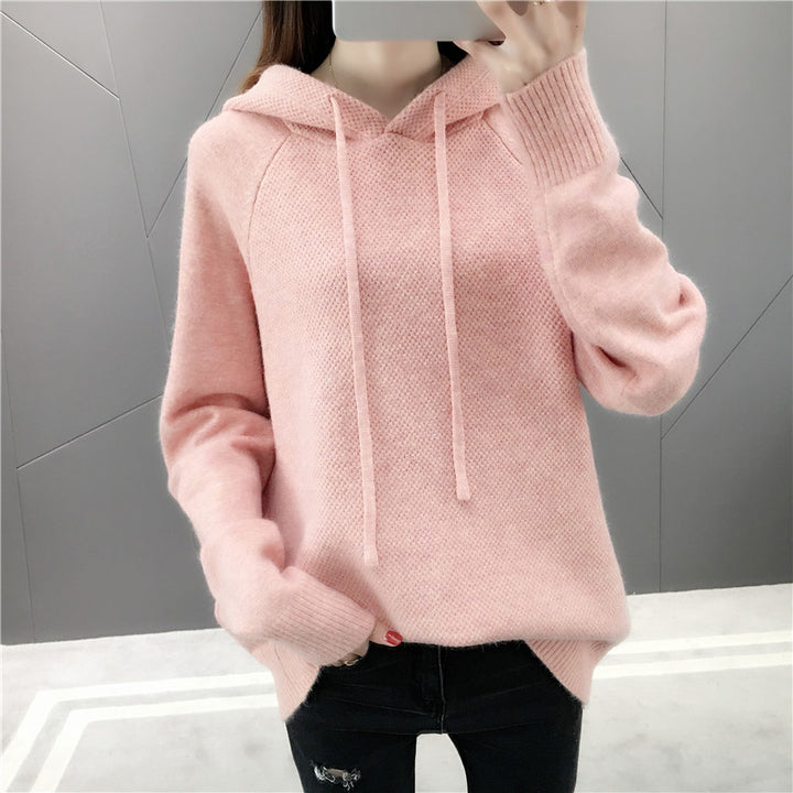 Damen lässiger Strickpullover mit Kapuze und Kordelzug Drune