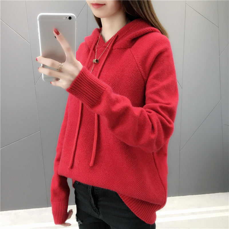 Damen lässiger Strickpullover mit Kapuze und Kordelzug Drune