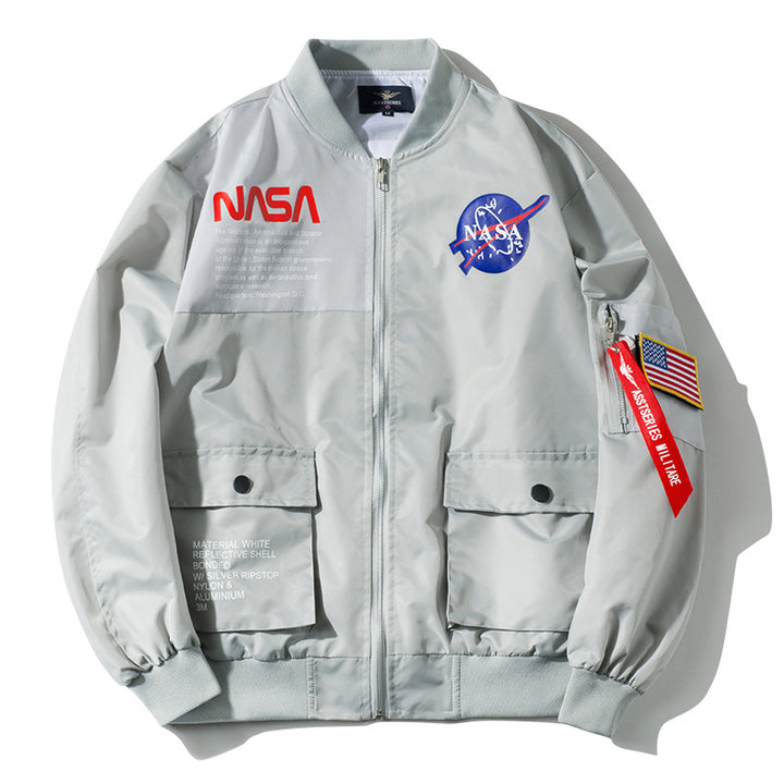 Männer's  leichte gestickte Raum-Patch Ärmel-Reißverschluss Utility-Jacke Drune