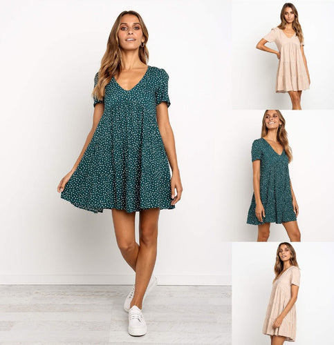 Damen verspieltes Kurzarm-Baumwollkleid mit voluminösem Rock Drune