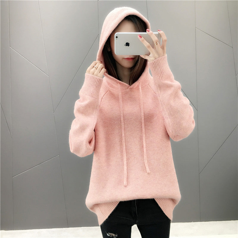 Damen lässiger Strickpullover mit Kapuze und Kordelzug Drune