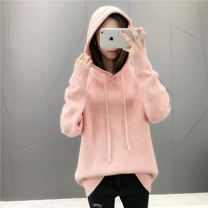 Damen lässiger Strickpullover mit Kapuze und Kordelzug Drune