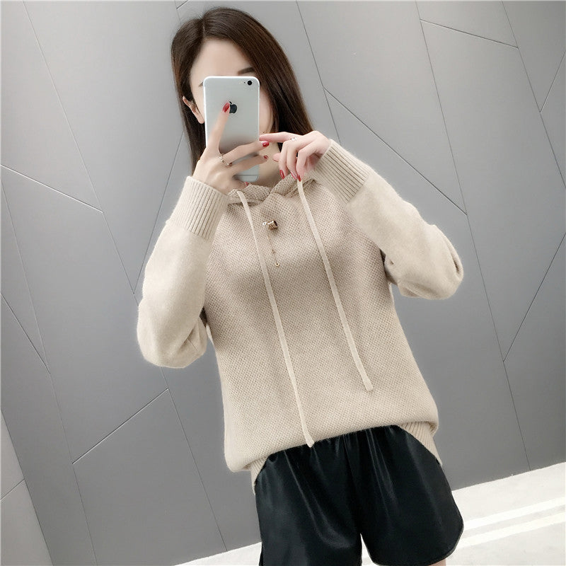 Damen lässiger Strickpullover mit Kapuze und Kordelzug Drune
