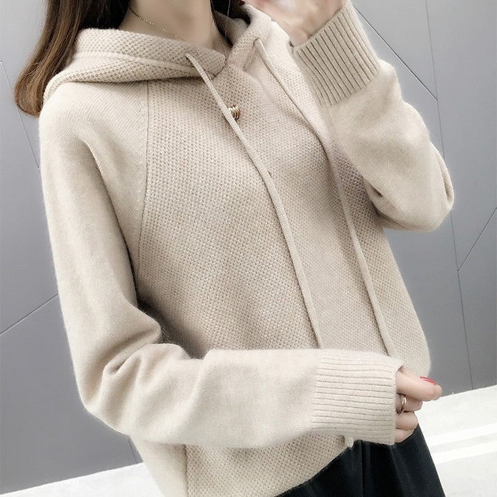 Damen lässiger Strickpullover mit Kapuze und Kordelzug Drune