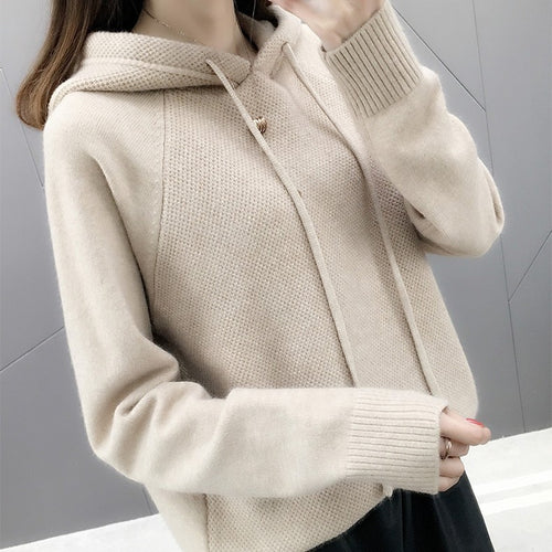 Damen lässiger Strickpullover mit Kapuze und Kordelzug Drune