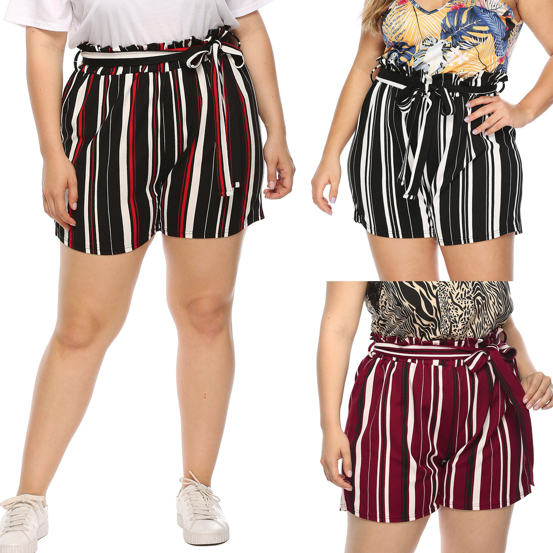Damen elegant geschnittene gestreifte Shorts mit dekorativem Bindegürtel Drune