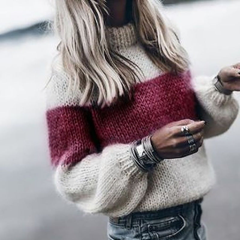 Damen lässiger Strickpullover mit Stehkragen und modernen Streifen Drune