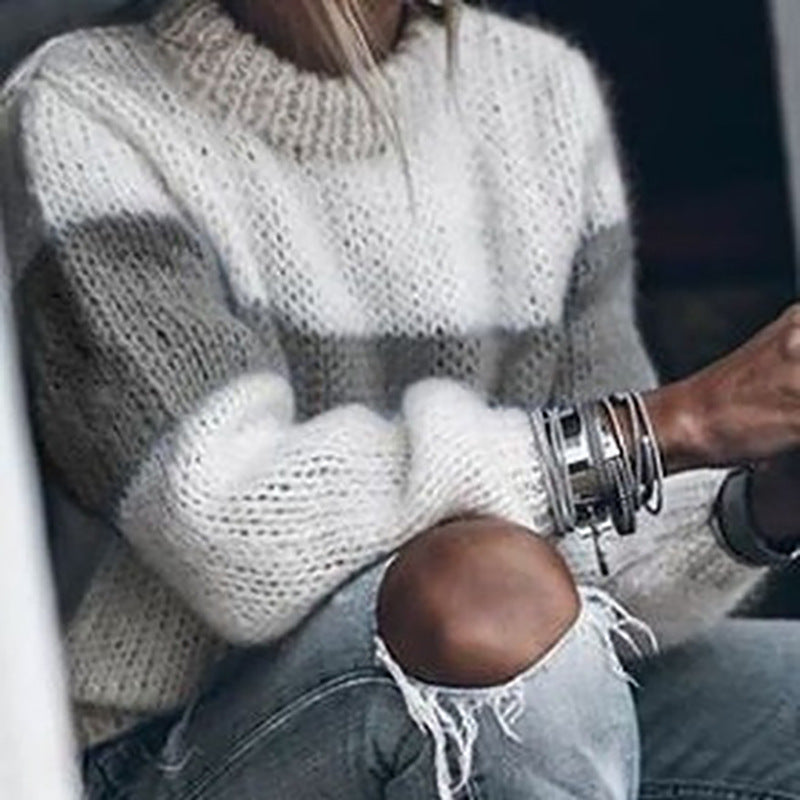 Damen lässiger Strickpullover mit Stehkragen und modernen Streifen Drune