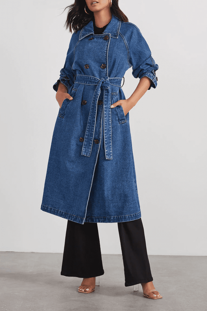 Drune | Denim Trenchcoat - Langarm Gürtel Design - Lässige Chic Oberbekleidung