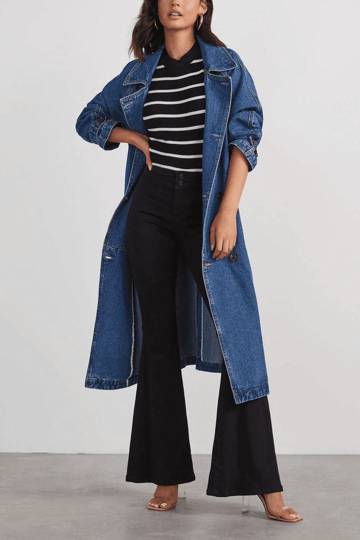 Drune | Denim Trenchcoat - Langarm Gürtel Design - Lässige Chic Oberbekleidung