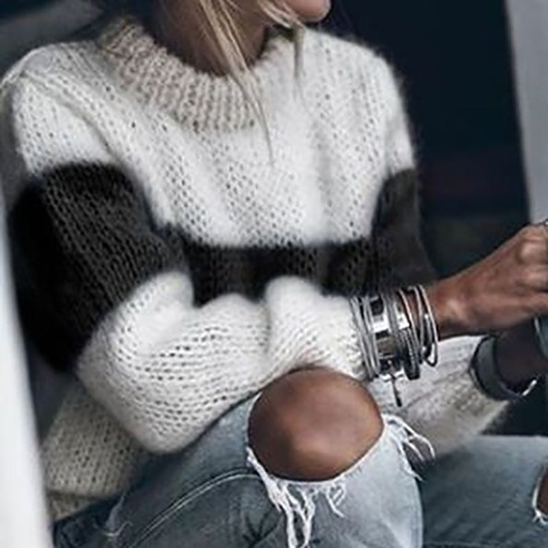 Damen lässiger Strickpullover mit Stehkragen und modernen Streifen Drune