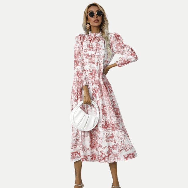 Drune | Toile-Druck Midi-Kleid mit hohem Kragen