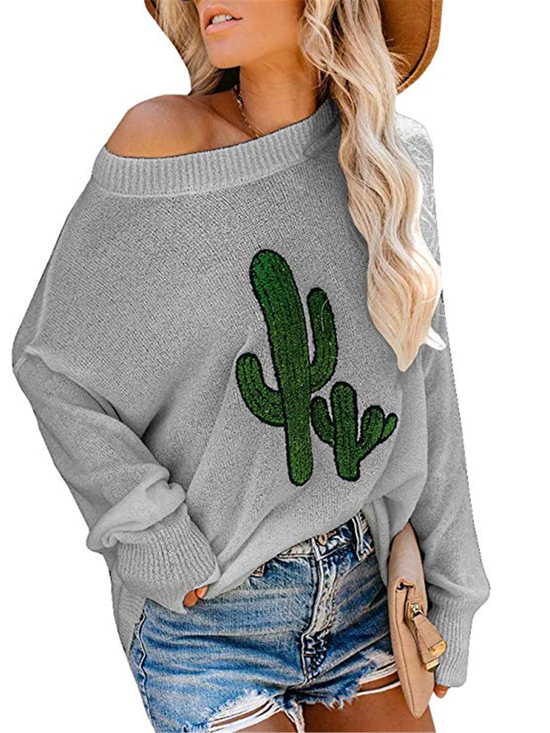 Damen oversize Pullover mit lässigem Cactus-Design und Rundhalsausschnitt Drune
