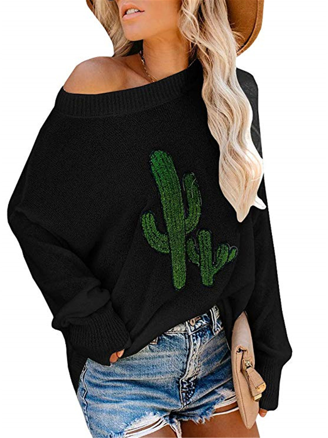 Damen oversize Pullover mit lässigem Cactus-Design und Rundhalsausschnitt Drune
