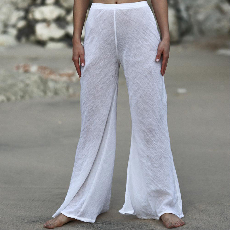 Damen Luftige Leinenhose mit breitem Beinausschnitt und elastischem Bund Drune