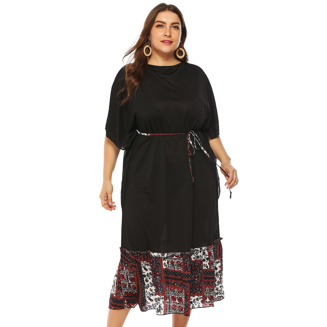 Damen Freizeitkleid mit dekorativer Taillenschnürung und floralen Akzenten Drune