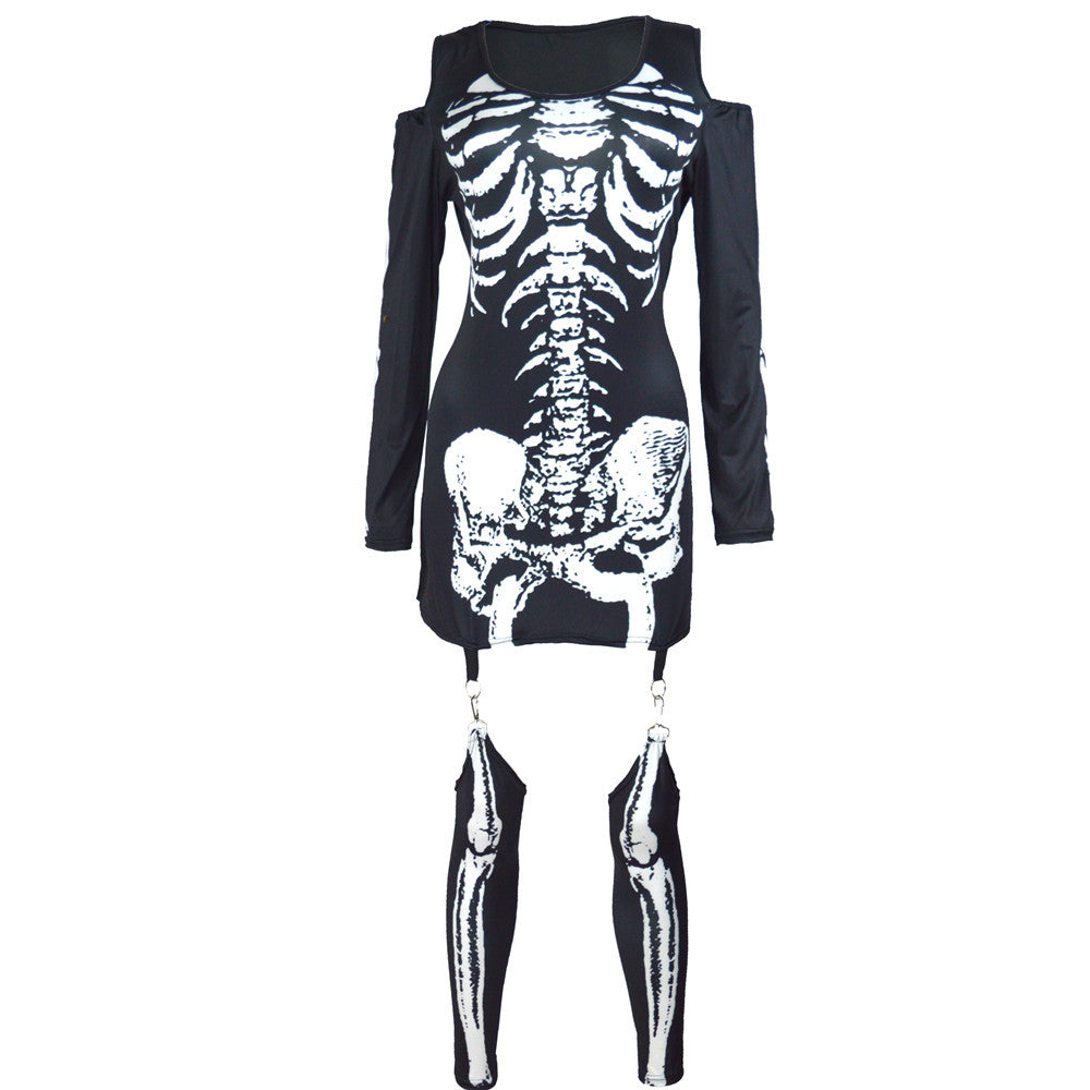 Damen Skelettdruck Kostüm Kleid Drune