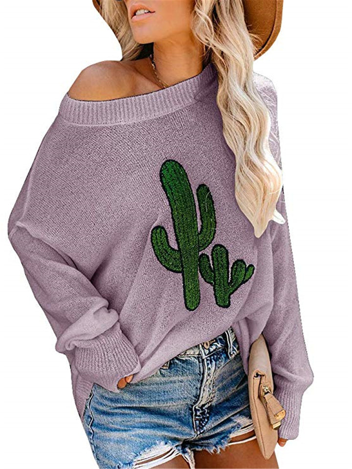 Damen oversize Pullover mit lässigem Cactus-Design und Rundhalsausschnitt Drune