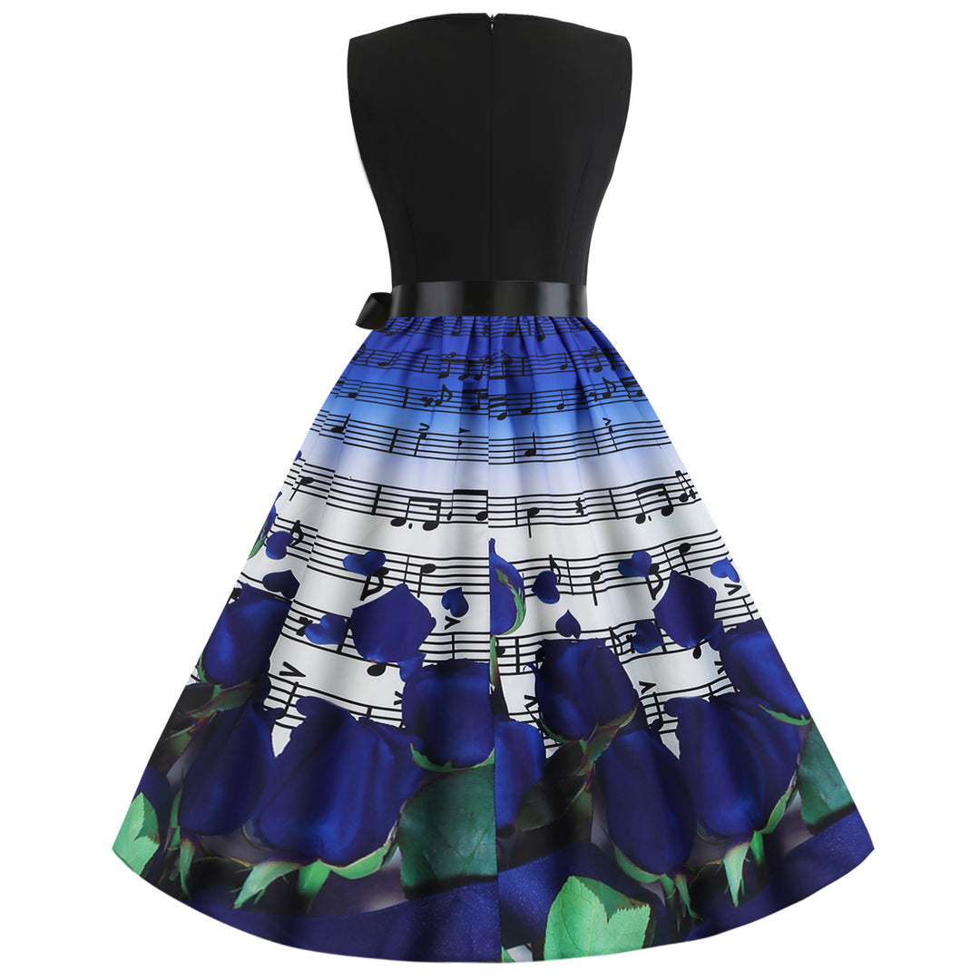 Damen Midi-Kleid mit floralem Rosendesign und harmonischem Notendruck Drune