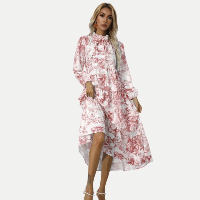 Drune | Toile-Druck Midi-Kleid mit hohem Kragen