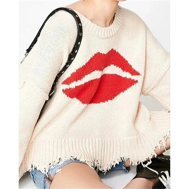Drune | Oversized Sweater - Wollstrick - Lippenmotiv - Ausgefranster Saum - Lässige Passform