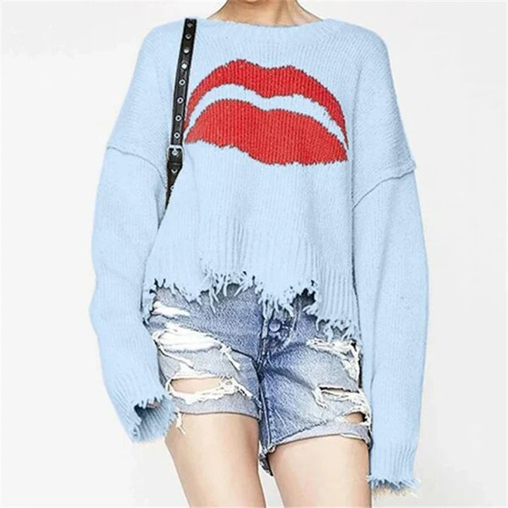 Drune | Oversized Sweater - Wollstrick - Lippenmotiv - Ausgefranster Saum - Lässige Passform