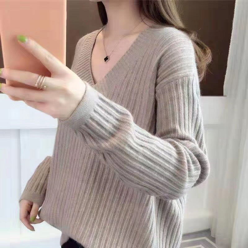Damen V-Ausschnitt Strickpullover mit feiner Rippstruktur und lässigem Schnitt Drune