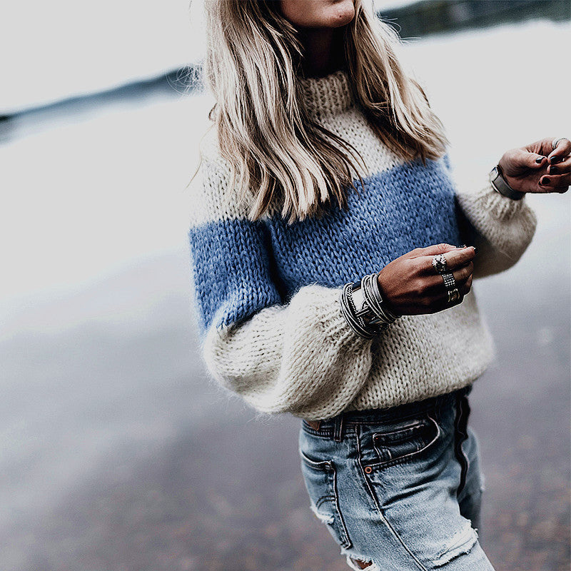 Damen lässiger Strickpullover mit Stehkragen und modernen Streifen Drune