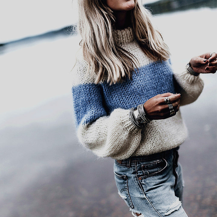 Damen lässiger Strickpullover mit Stehkragen und modernen Streifen Drune