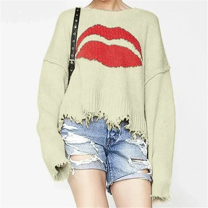Drune | Sweatshirt Übergröße Passform Chunky Strick Lippenprint Fransen Saum
