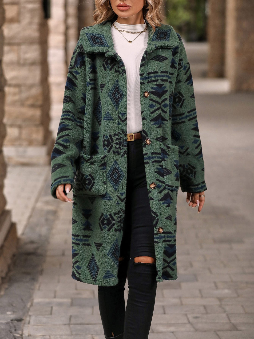 Drune | inspirierter langer Mantel - Blickfang Tribal-Print - Weiche Stoffmischung - Herbst- und Winter-Statement-Stück