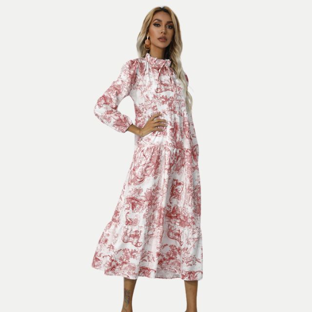 Drune | Toile-Druck Midi-Kleid mit hohem Kragen