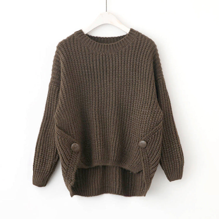 Damen lässiger Strickpullover mit einzigartigen Knopfdetails und weitem Schnitt Drune