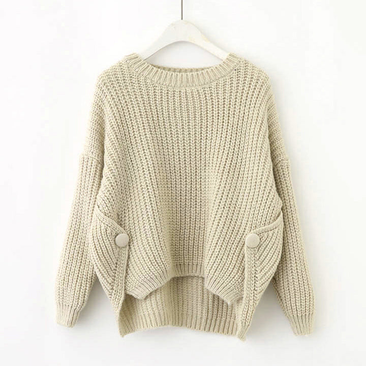 Damen lässiger Strickpullover mit einzigartigen Knopfdetails und weitem Schnitt Drune