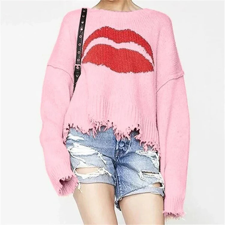 Drune | Oversized Sweater - Wollstrick - Lippenmotiv - Ausgefranster Saum - Lässige Passform