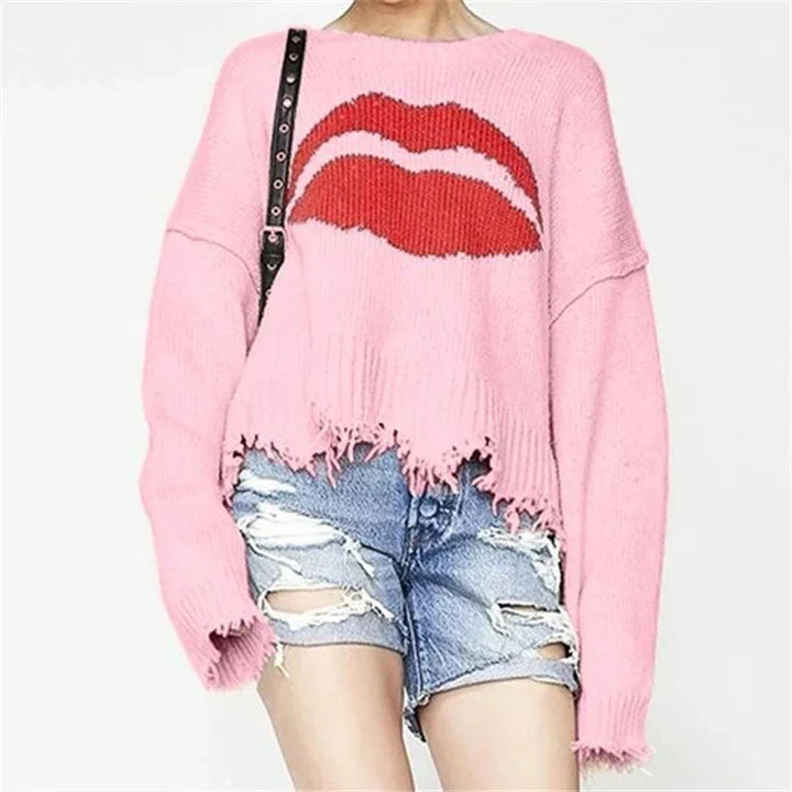 Drune | Sweatshirt Übergröße Passform Chunky Strick Lippenprint Fransen Saum