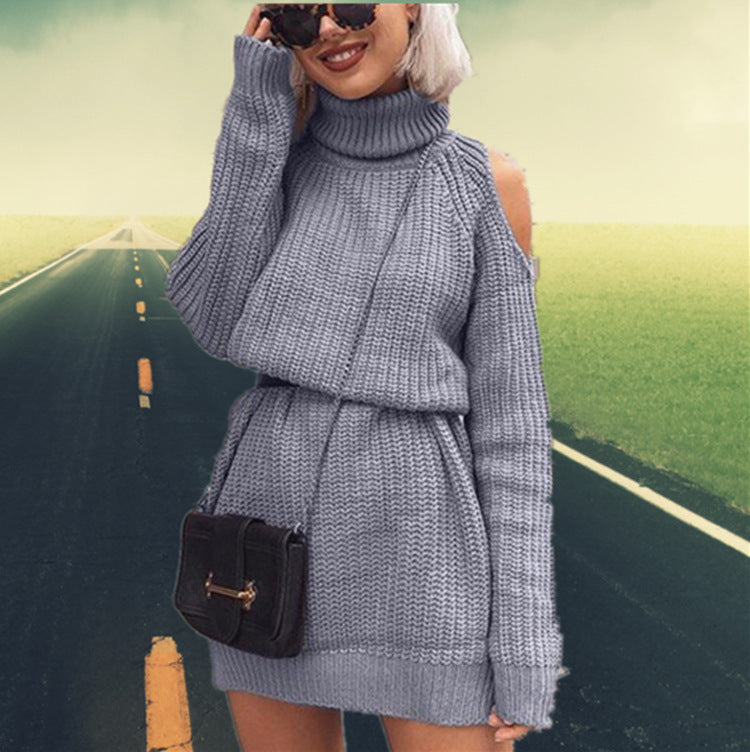 Damen Strickkleid mit innovativem Off-Shoulder-Design und hohem Kragen Drune