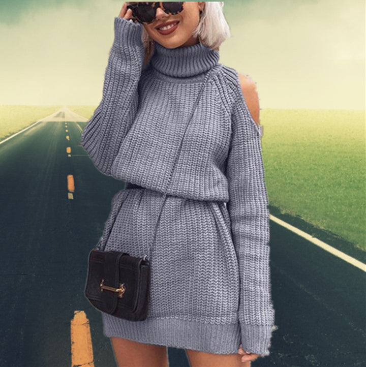 Damen Strickkleid mit innovativem Off-Shoulder-Design und hohem Kragen Drune